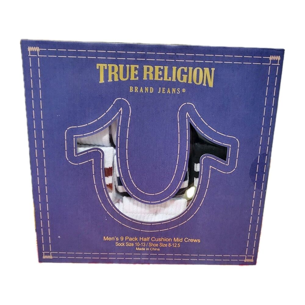 True‎ Religion Mens Socks 9 Pack Mid Crew Size 8-12.5